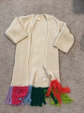 Anthropology Cream Knit Fringe-Trim Women's Sweater
